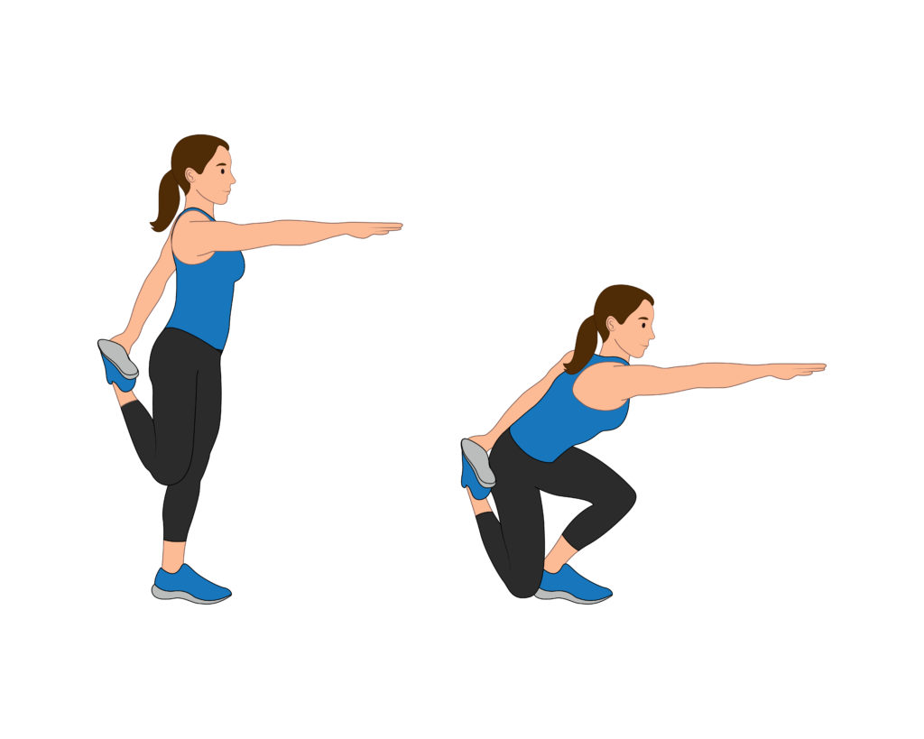 Der Shrimp Squat im Lunge Bewegungsmuster sorgt für starke Beine, vor allem, wenn du es schaffst, dein Bein in der Hand zu halten. (Grafik mit zwei Frauen, die die Anfangs- und Endposition der Übung Shrimp Squat zeigen)