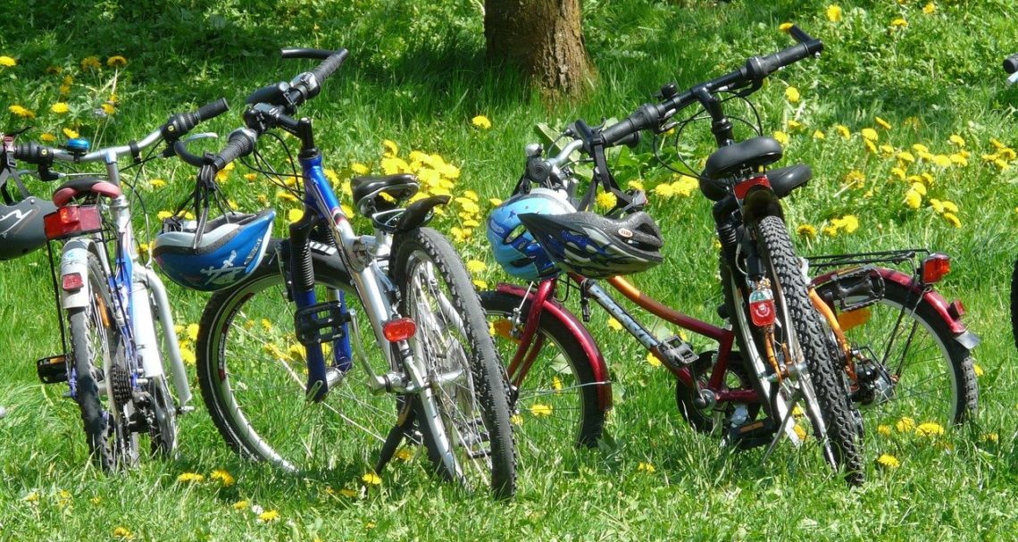 Bikes, helmets, meadow
